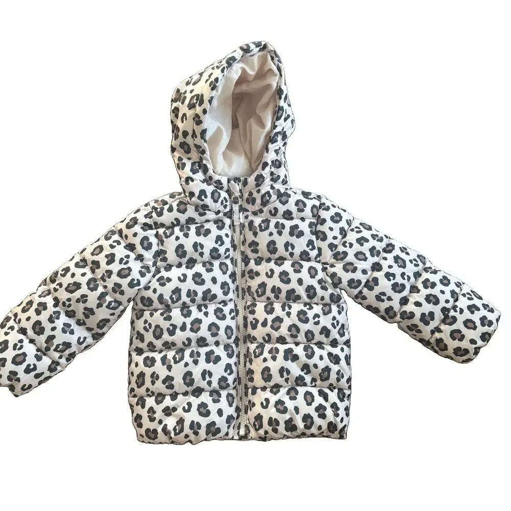The Children's Place 3T Hooded Lined Full Zip Leopard Puffer Jacket Beige/Black